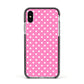 Pink Polka Dot Apple iPhone Xs Impact Case Black Edge on Silver Phone