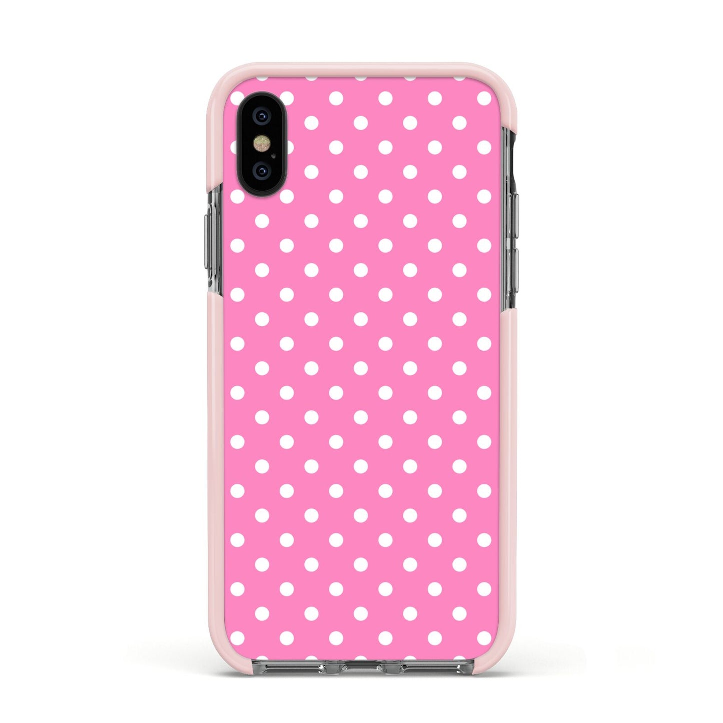 Pink Polka Dot Apple iPhone Xs Impact Case Pink Edge on Black Phone