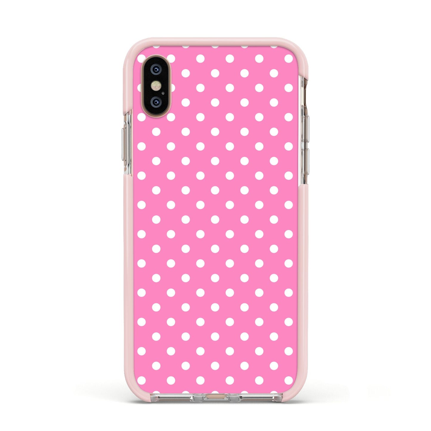 Pink Polka Dot Apple iPhone Xs Impact Case Pink Edge on Gold Phone