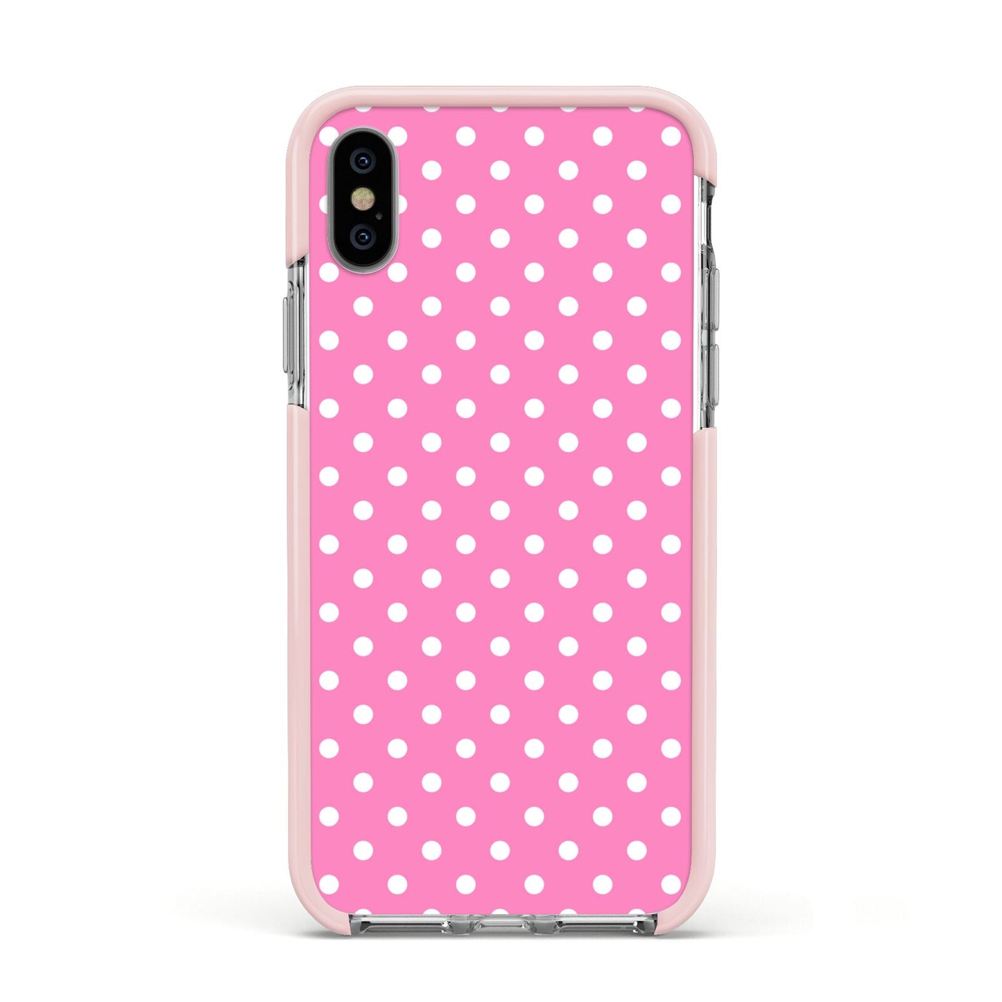 Pink Polka Dot Apple iPhone Xs Impact Case Pink Edge on Silver Phone