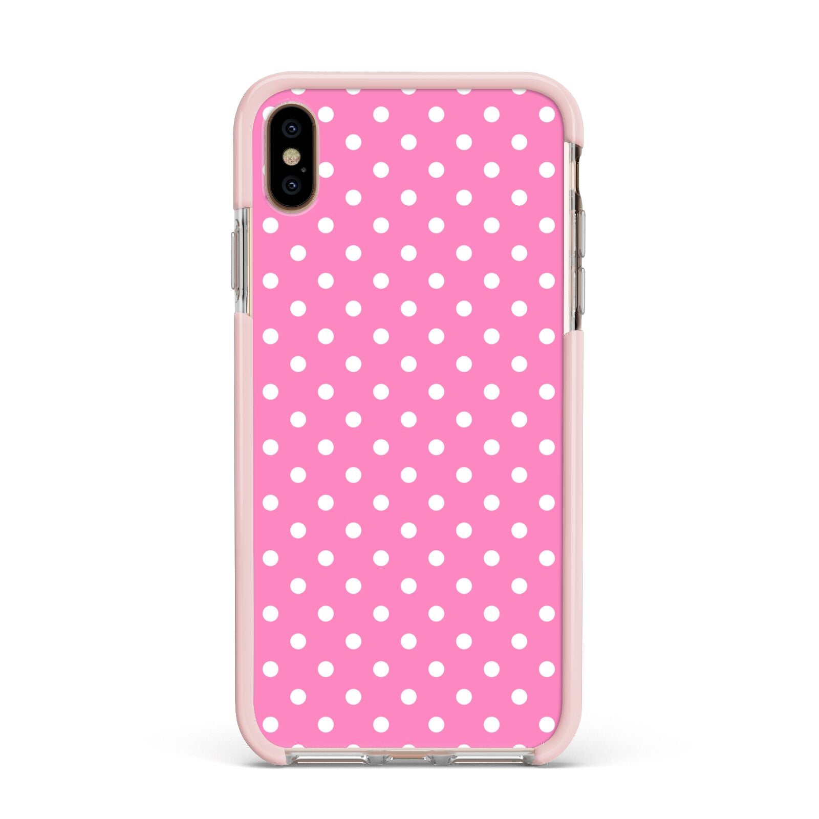 Pink Polka Dot Apple iPhone Xs Max Impact Case Pink Edge on Gold Phone