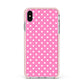 Pink Polka Dot Apple iPhone Xs Max Impact Case Pink Edge on Silver Phone