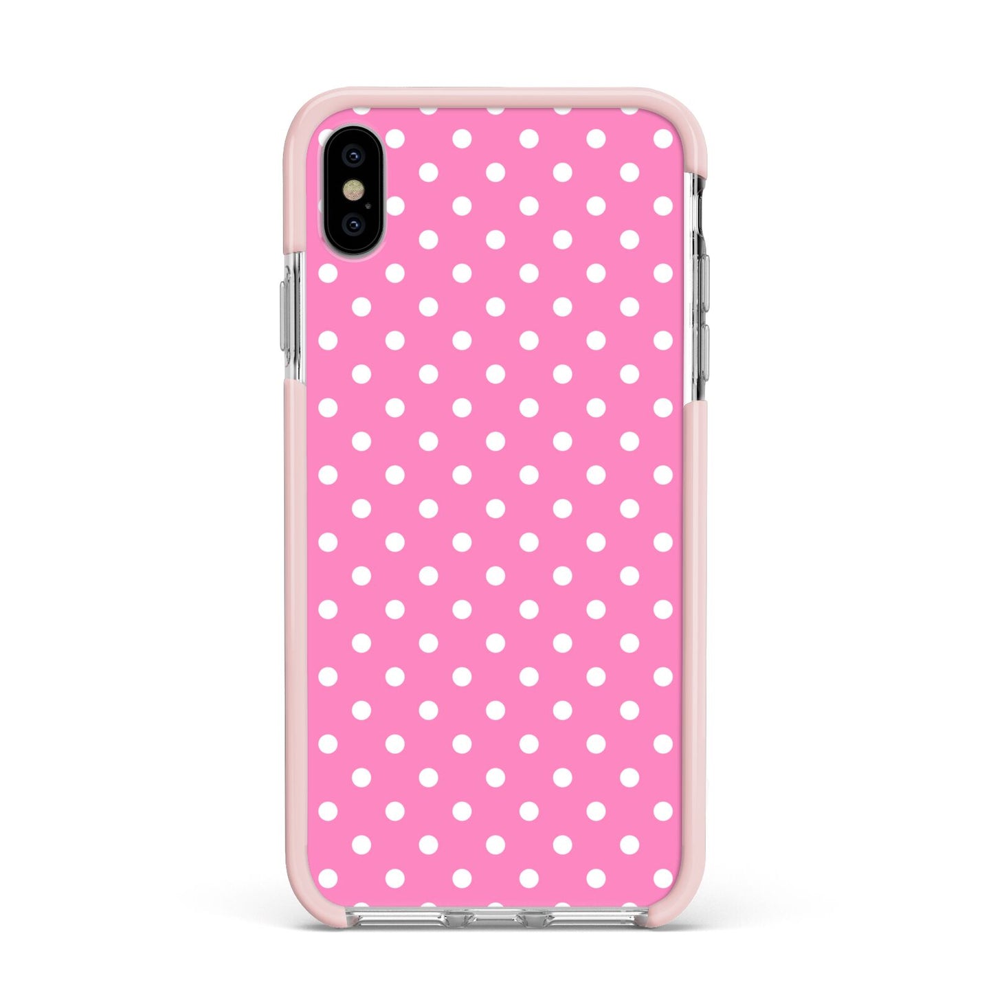 Pink Polka Dot Apple iPhone Xs Max Impact Case Pink Edge on Silver Phone