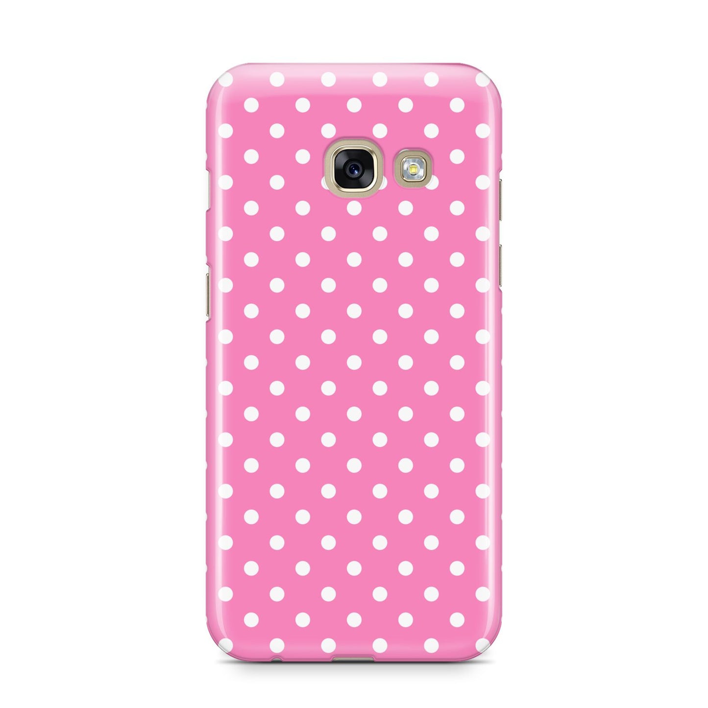 Pink Polka Dot Samsung Galaxy A3 2017 Case on gold phone