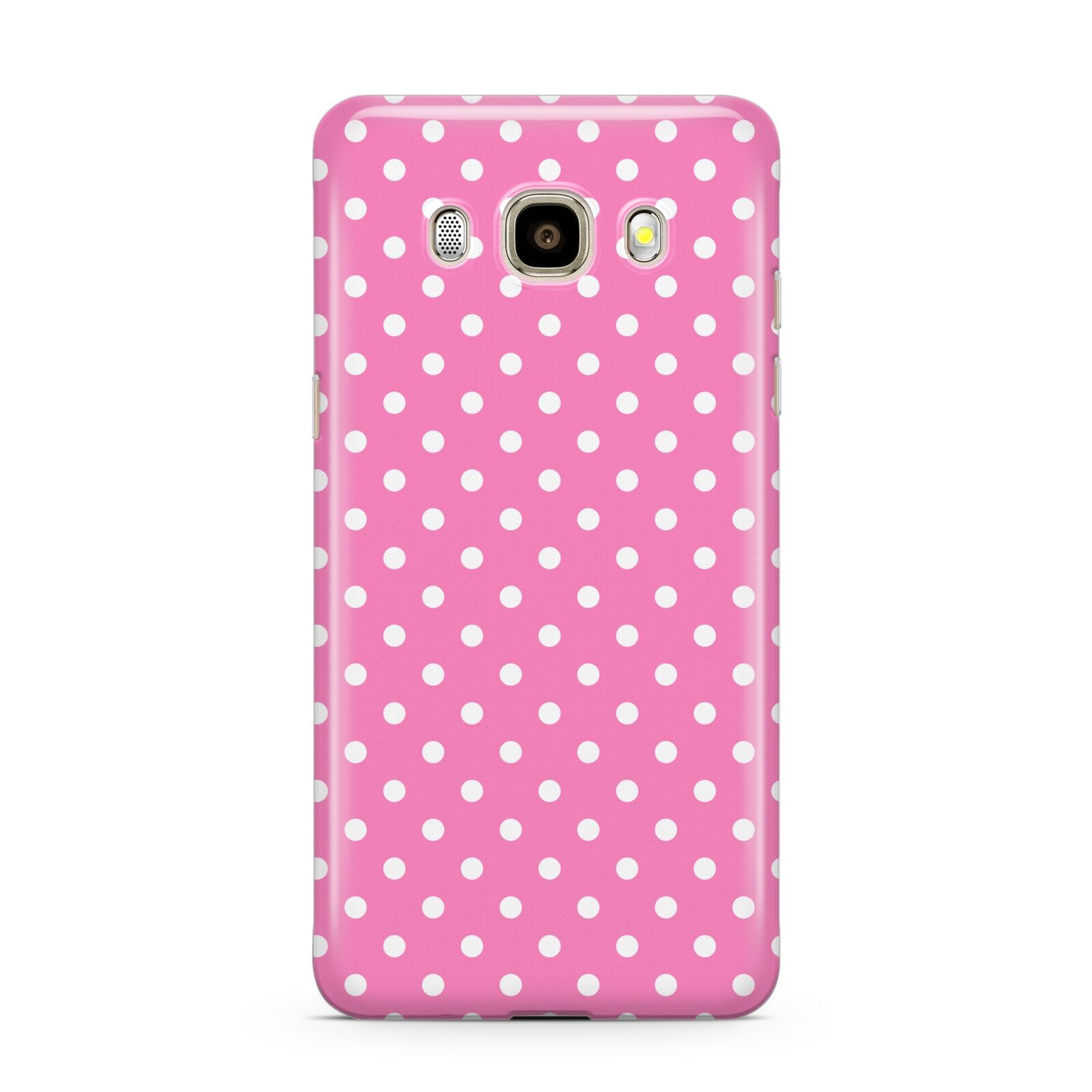 Pink Polka Dot Samsung Galaxy J7 2016 Case on gold phone