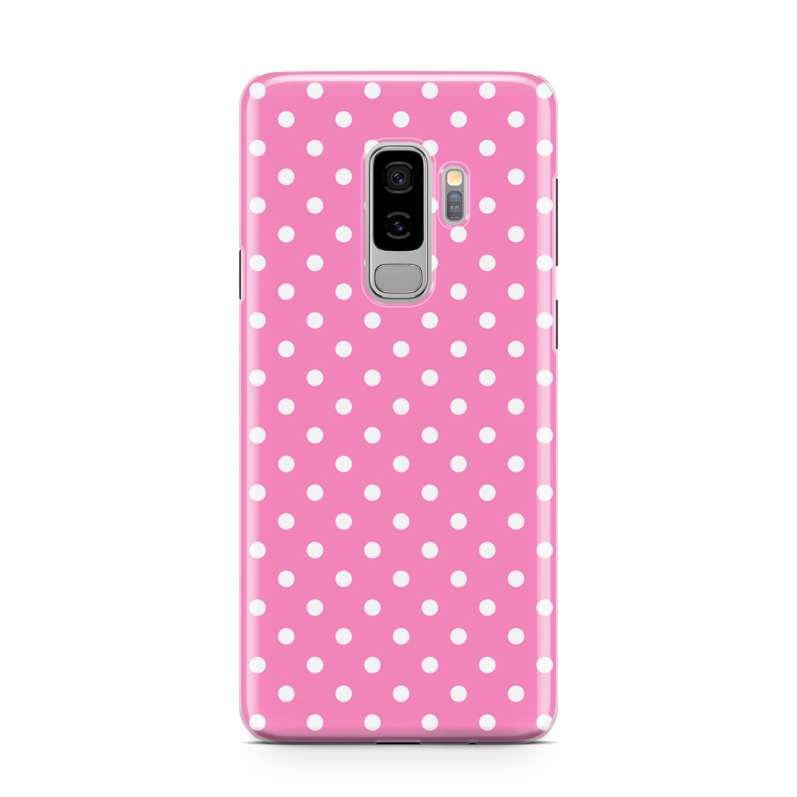 Pink Polka Dot Samsung Galaxy S9 Plus Case on Silver phone
