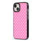 Pink Polka Dot iPhone 13 Black Impact Case Side Angle on Silver phone