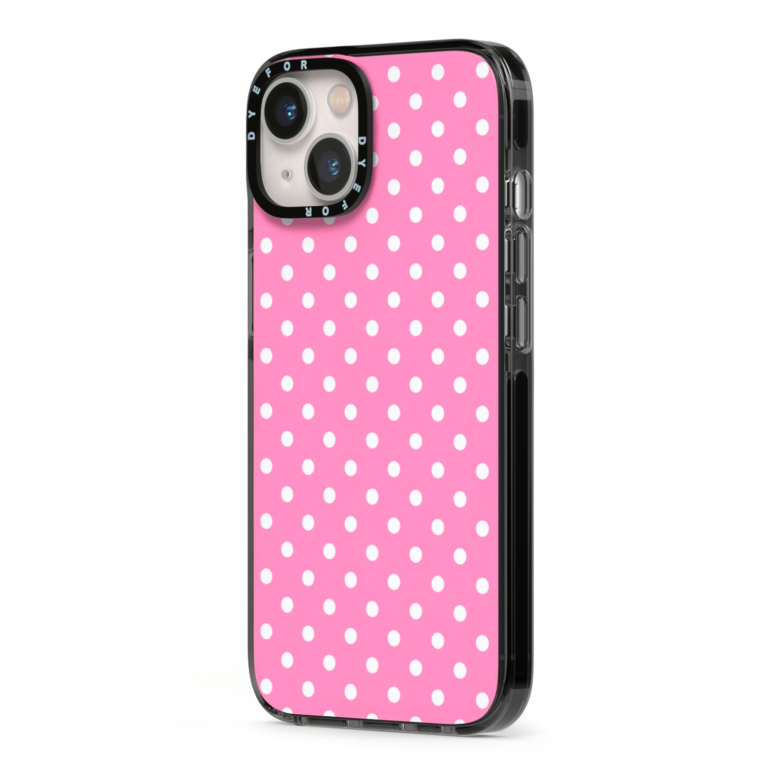 Pink Polka Dot iPhone 13 Black Impact Case Side Angle on Silver phone