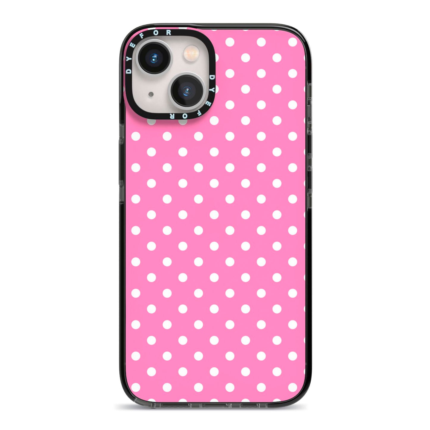Pink Polka Dot iPhone 13 Black Impact Case on Silver phone