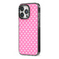 Pink Polka Dot iPhone 13 Pro Black Impact Case Side Angle on Silver phone