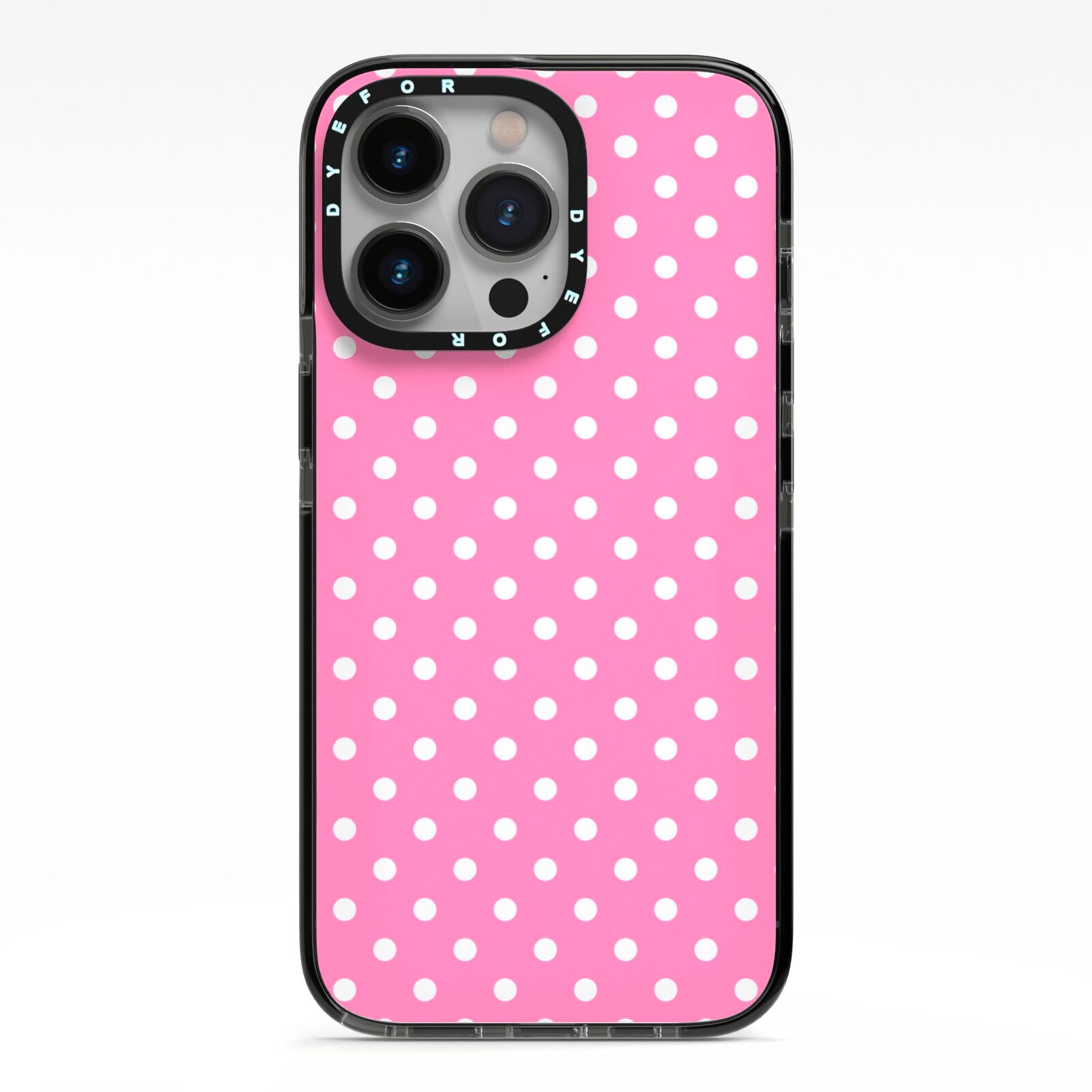 Pink Polka Dot iPhone 13 Pro Black Impact Case on Silver phone