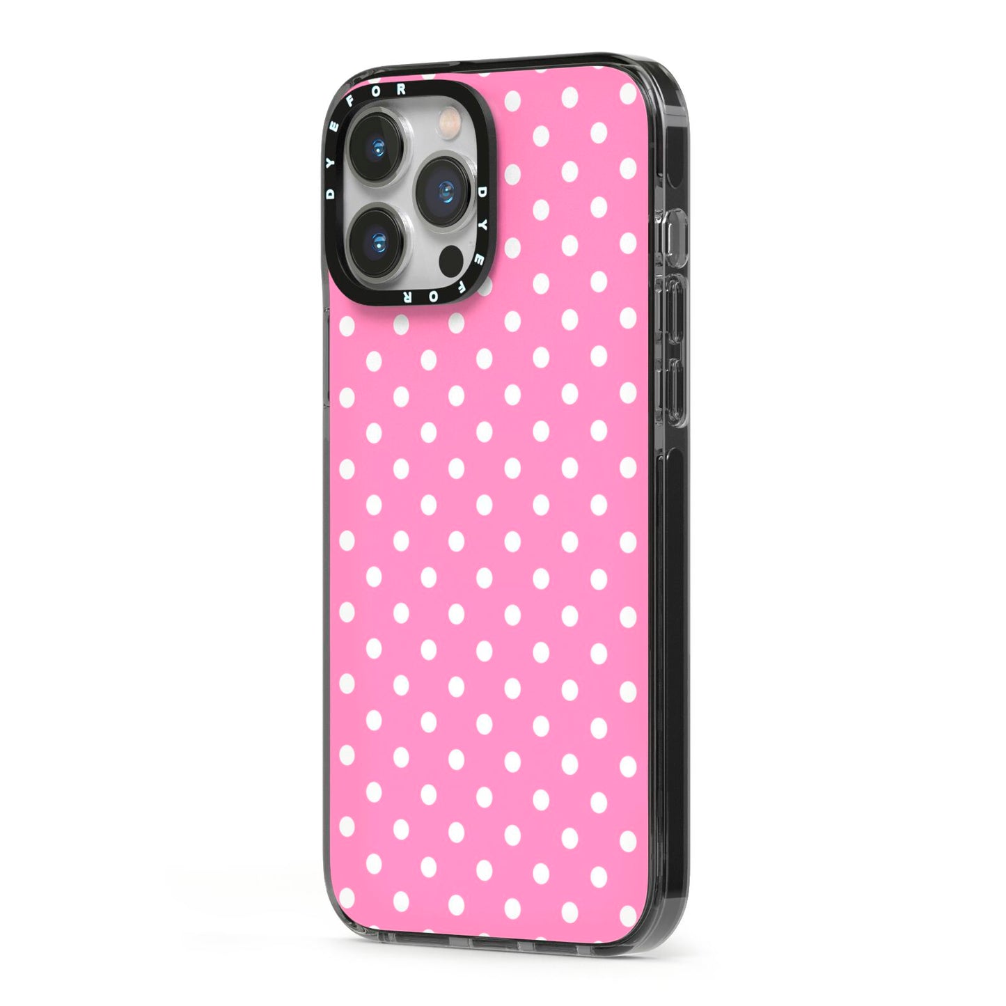 Pink Polka Dot iPhone 13 Pro Max Black Impact Case Side Angle on Silver phone