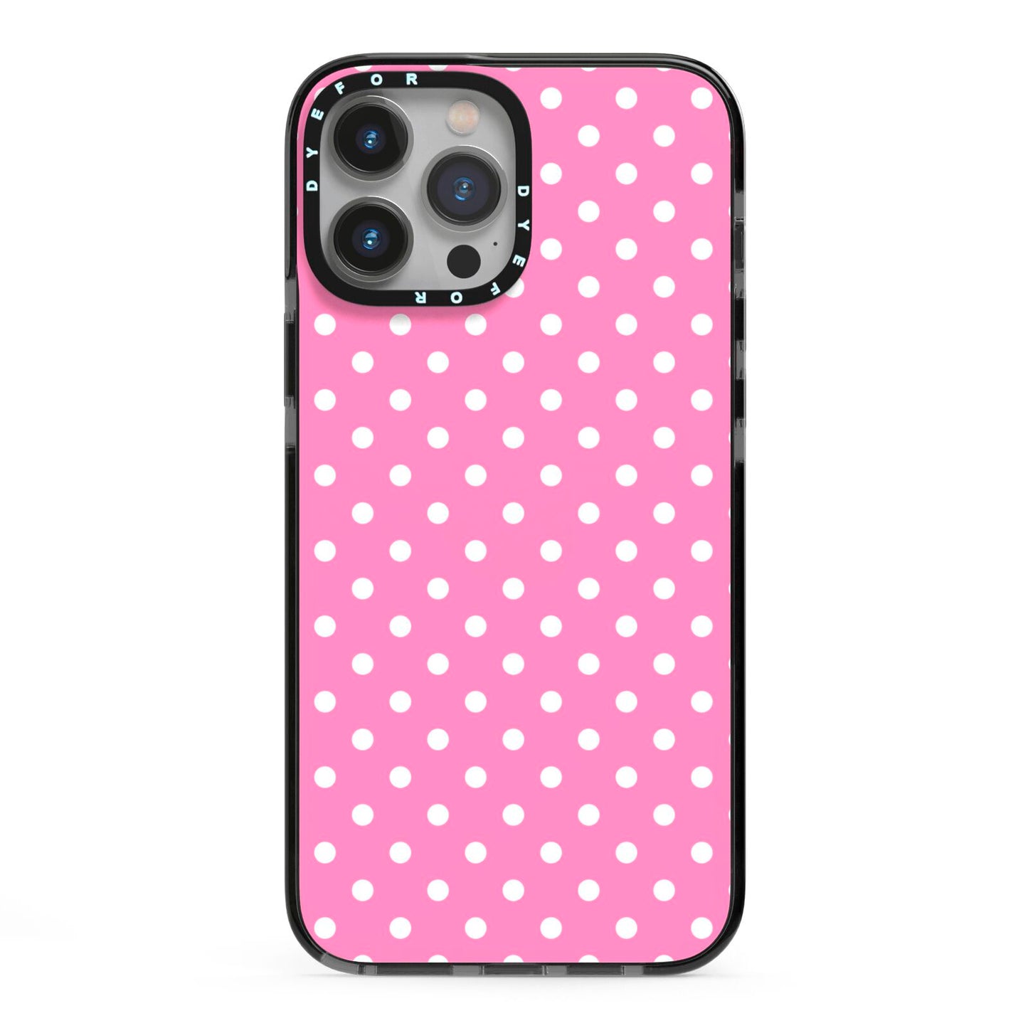 Pink Polka Dot iPhone 13 Pro Max Black Impact Case on Silver phone