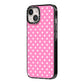 Pink Polka Dot iPhone 14 Black Impact Case Side Angle on Silver phone