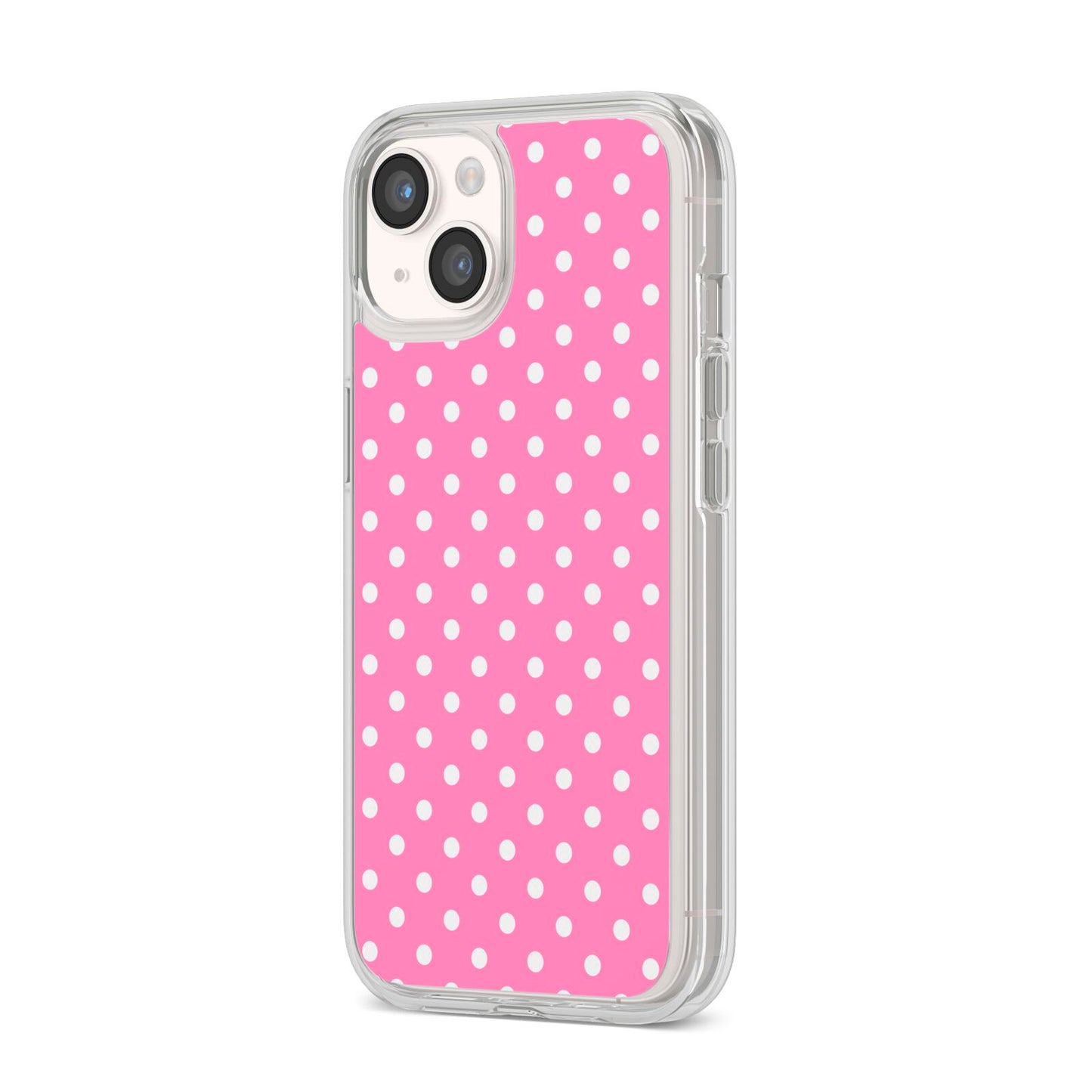 Pink Polka Dot iPhone 14 Clear Tough Case Starlight Angled Image