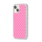 Pink Polka Dot iPhone 14 Glitter Tough Case Starlight Angled Image