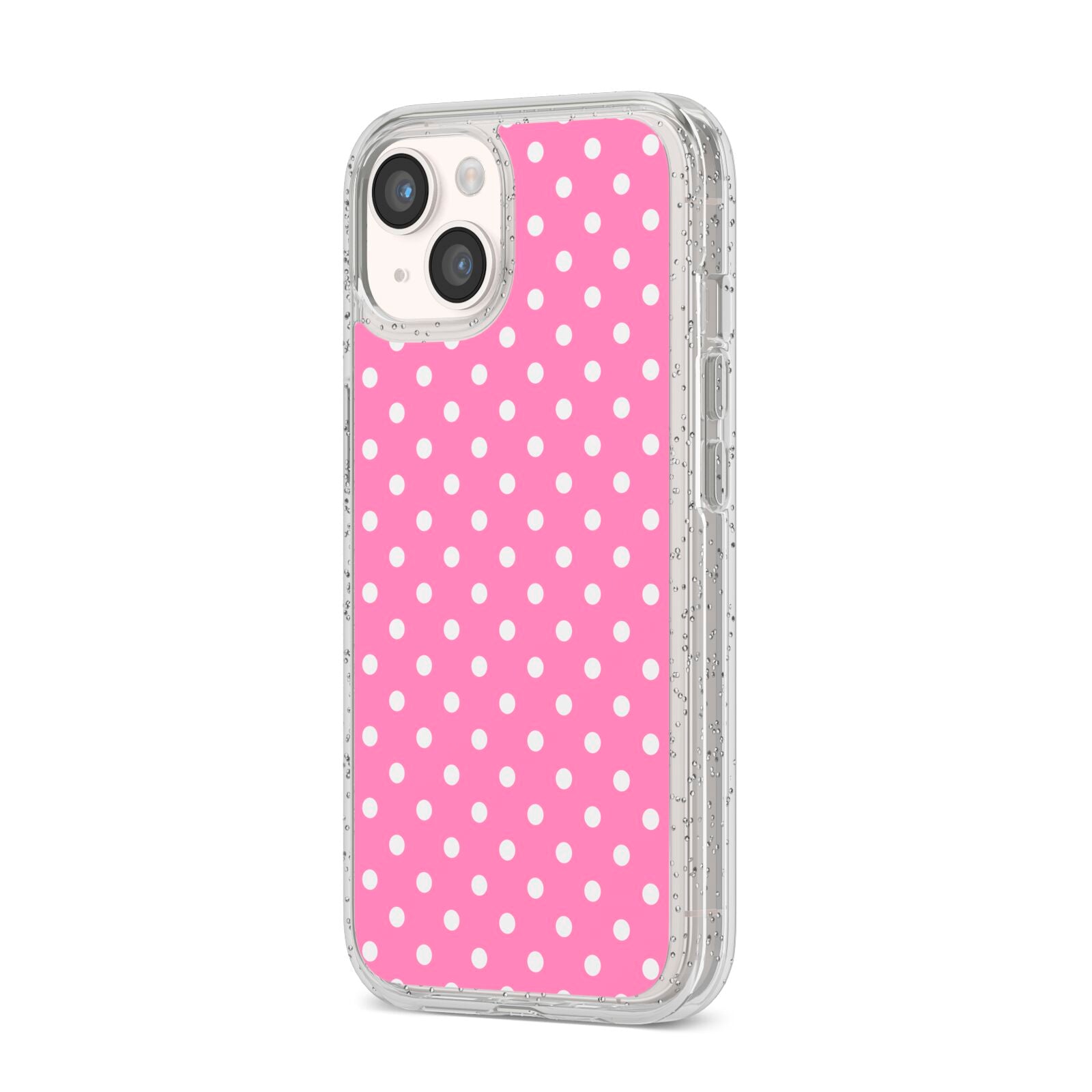 Pink Polka Dot iPhone 14 Glitter Tough Case Starlight Angled Image