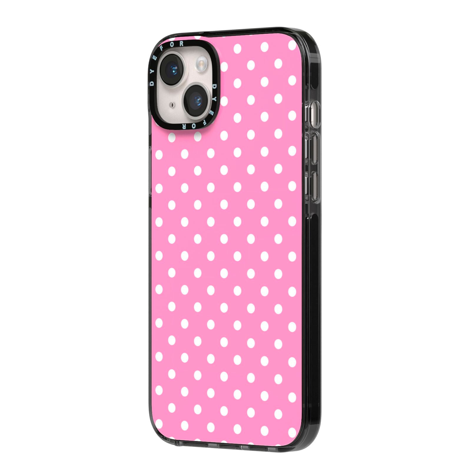 Pink Polka Dot iPhone 14 Plus Black Impact Case Side Angle on Silver phone