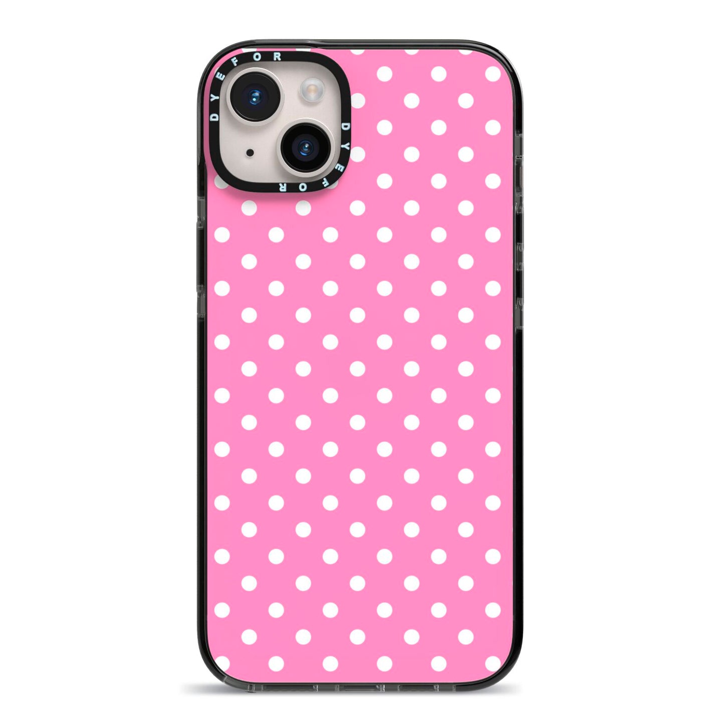 Pink Polka Dot iPhone 14 Plus Black Impact Case on Silver phone