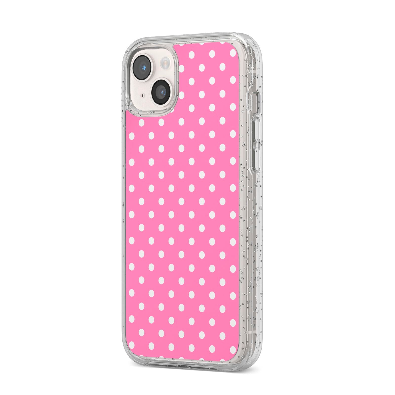 Pink Polka Dot iPhone 14 Plus Glitter Tough Case Starlight Angled Image