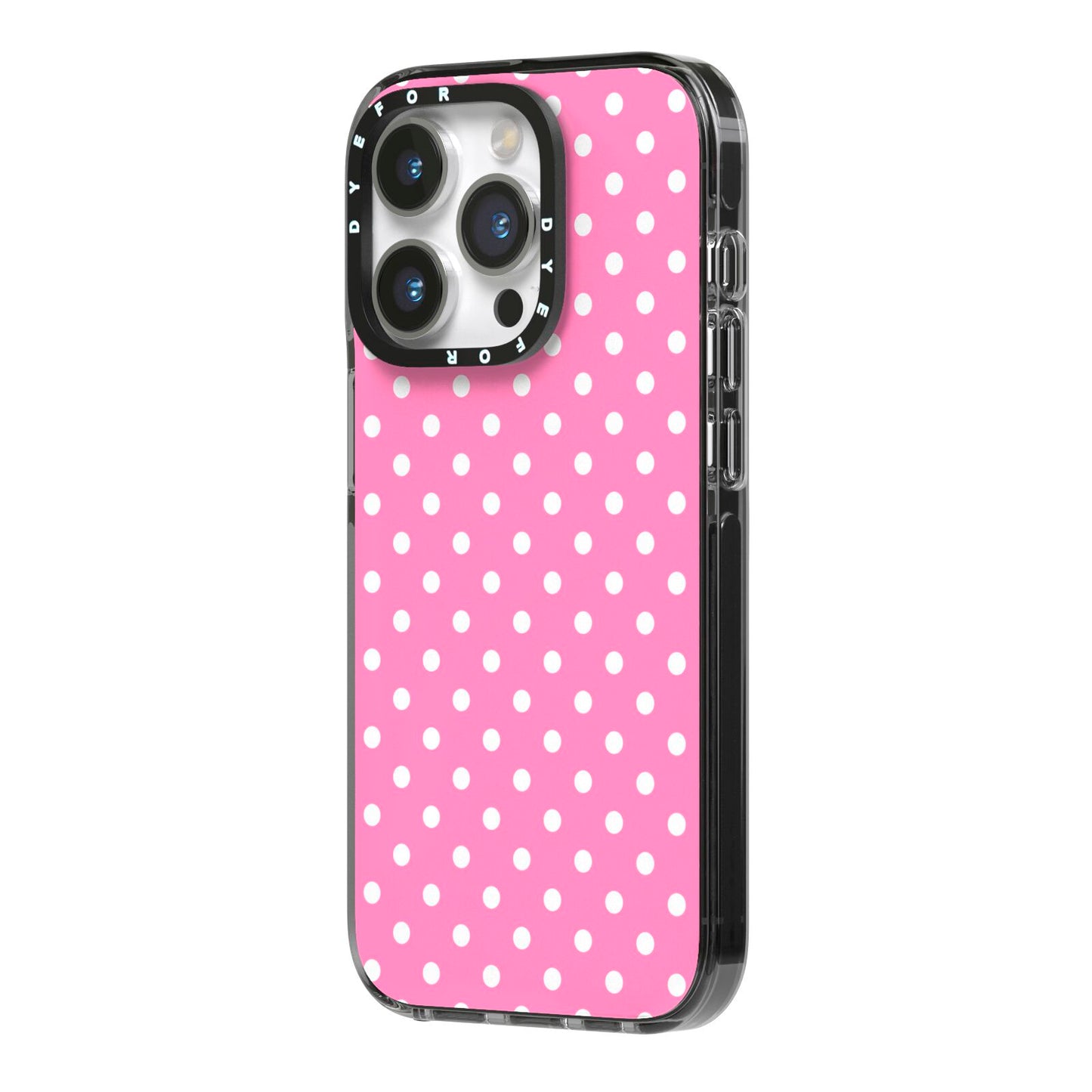 Pink Polka Dot iPhone 14 Pro Black Impact Case Side Angle on Silver phone