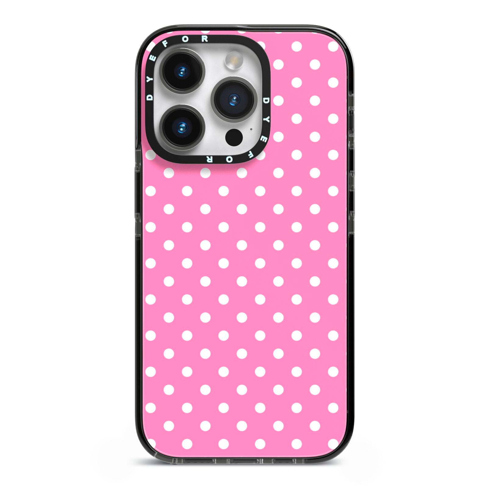 Pink Polka Dot iPhone 14 Pro Black Impact Case on Silver phone