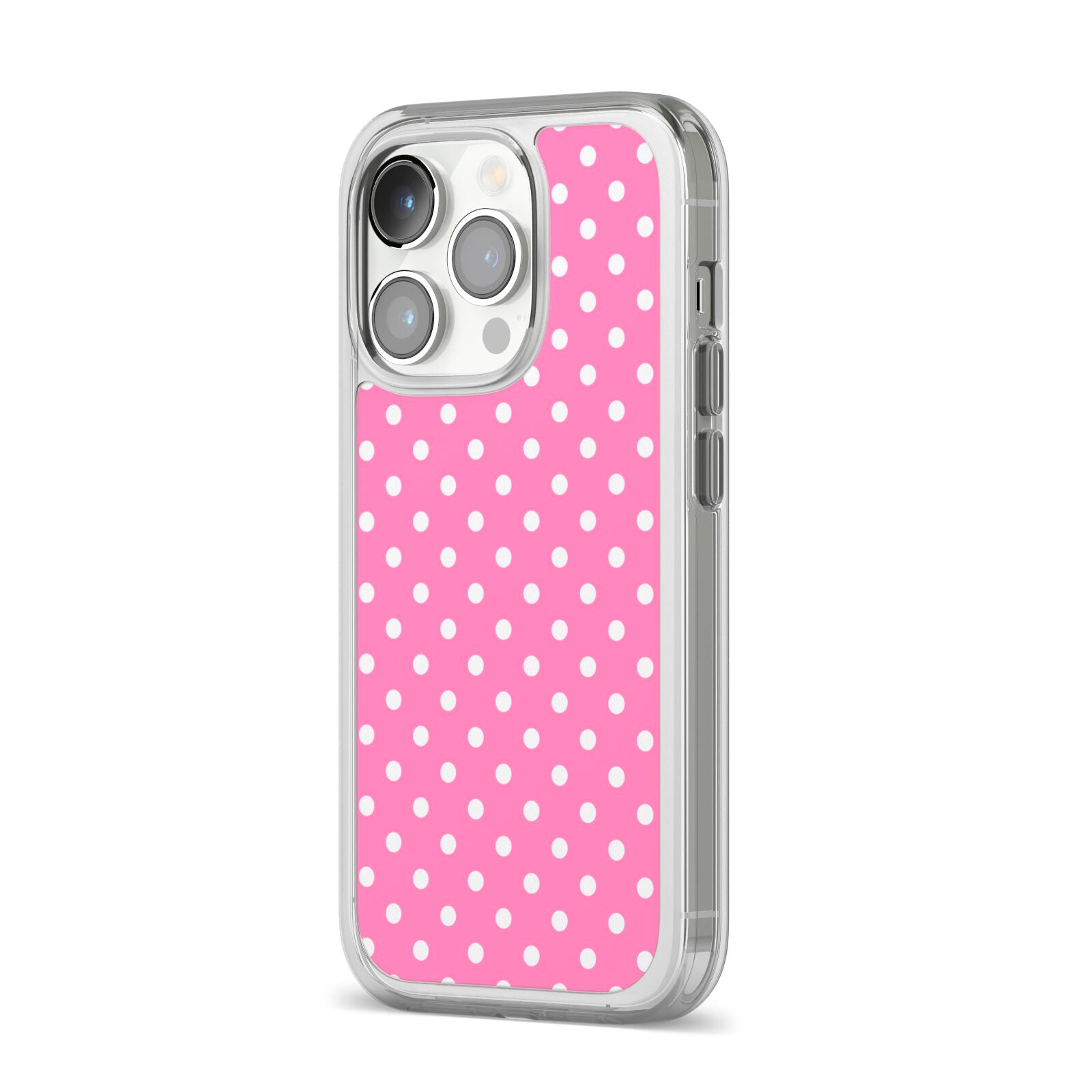 Pink Polka Dot iPhone 14 Pro Clear Tough Case Silver Angled Image