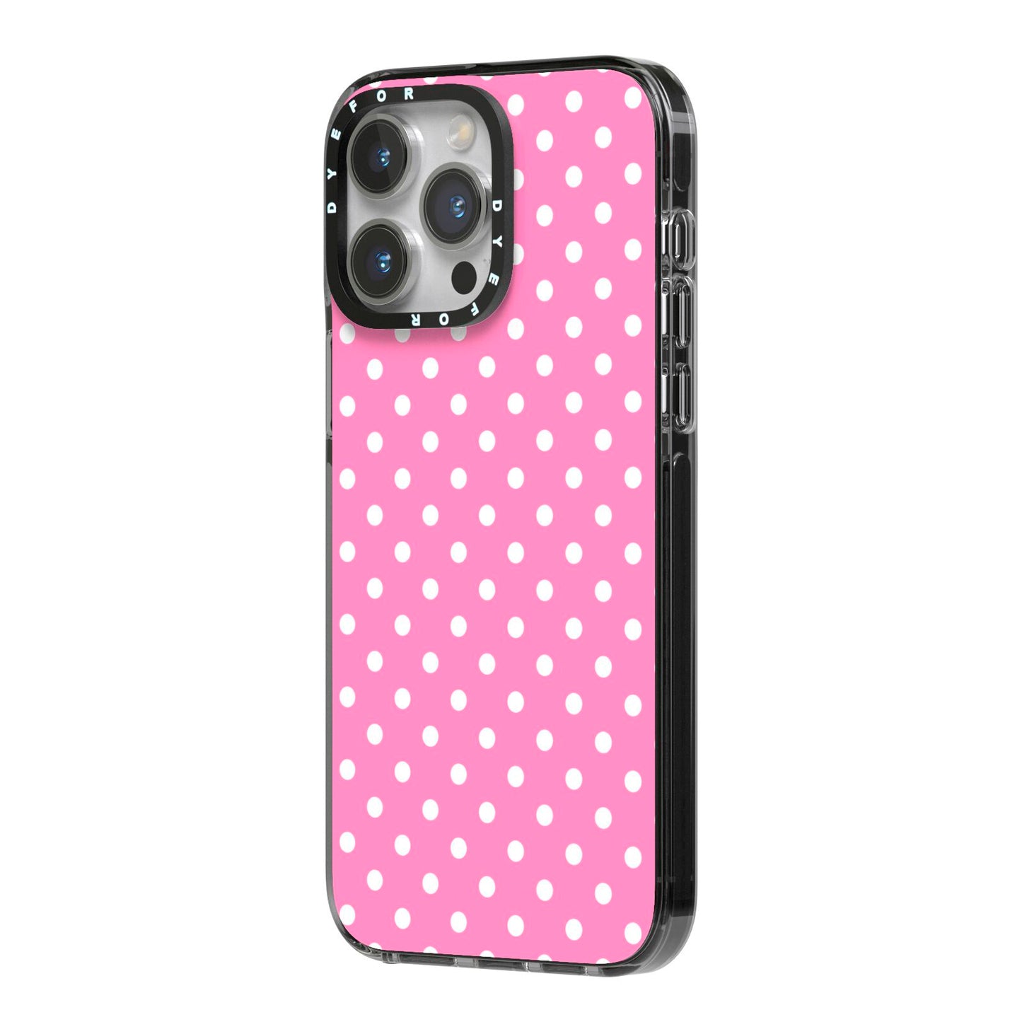 Pink Polka Dot iPhone 14 Pro Max Black Impact Case Side Angle on Silver phone