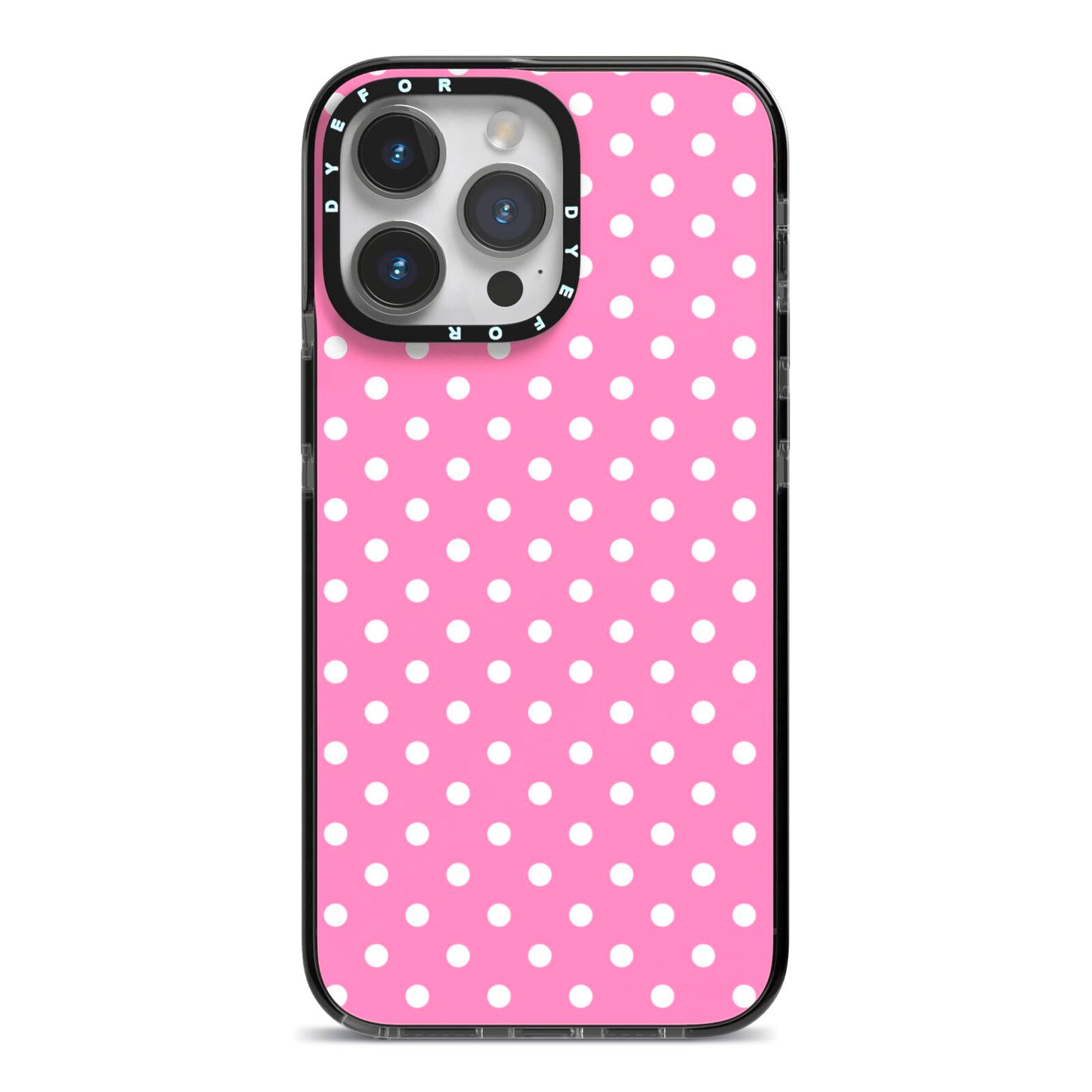 Pink Polka Dot iPhone 14 Pro Max Black Impact Case on Silver phone