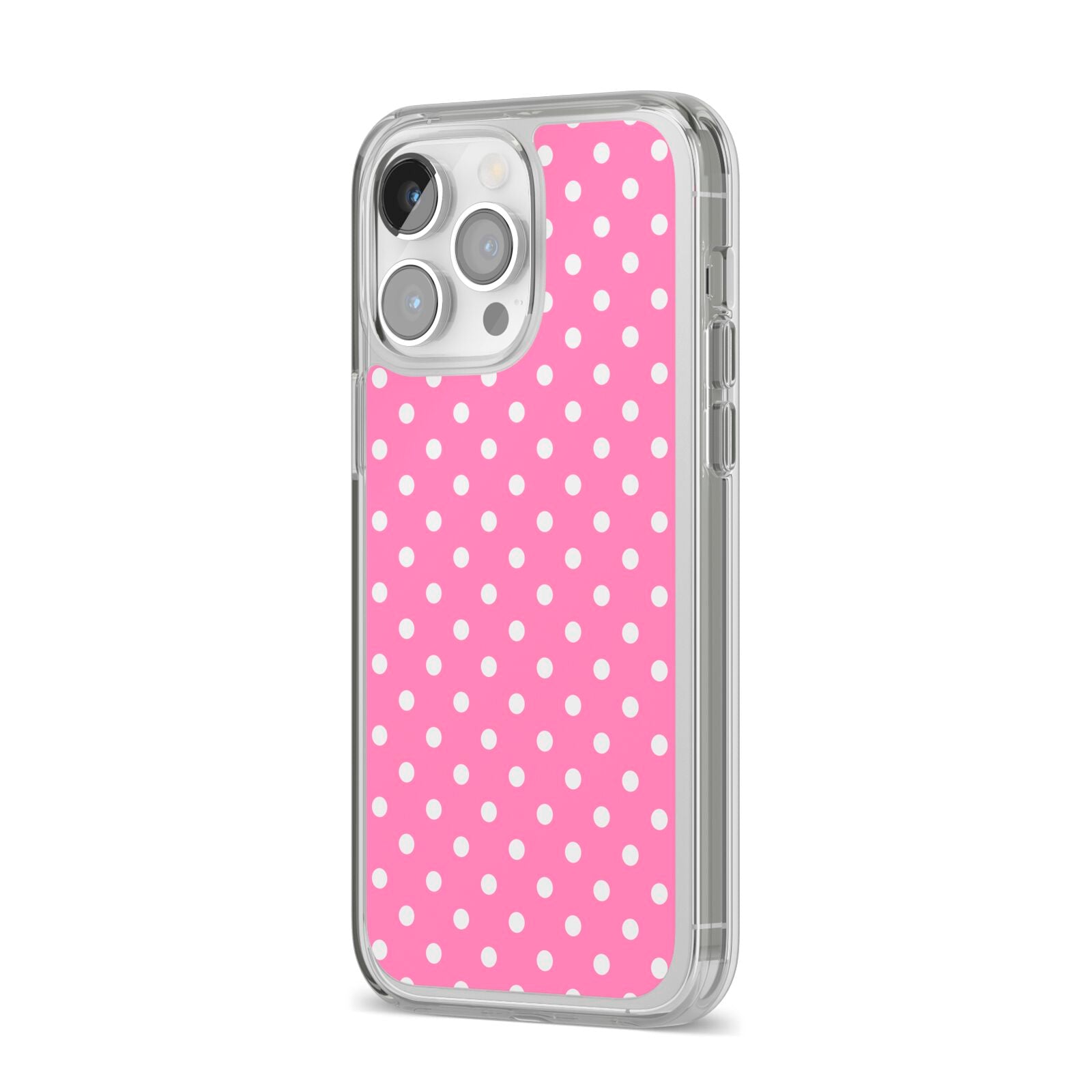 Pink Polka Dot iPhone 14 Pro Max Clear Tough Case Silver Angled Image