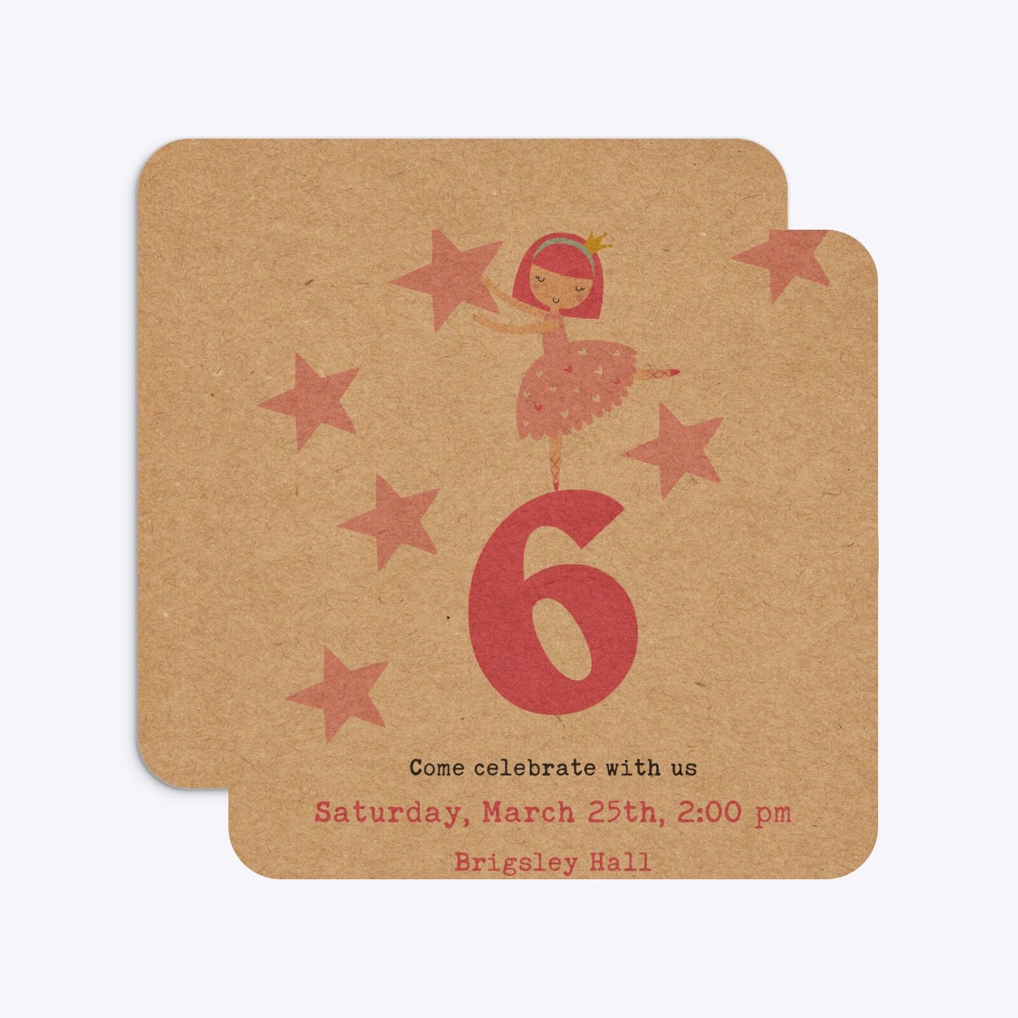 Pink Princess Personalised Birthday Rounded 5 25x5 25 Invitation Kraft Front and Back Image