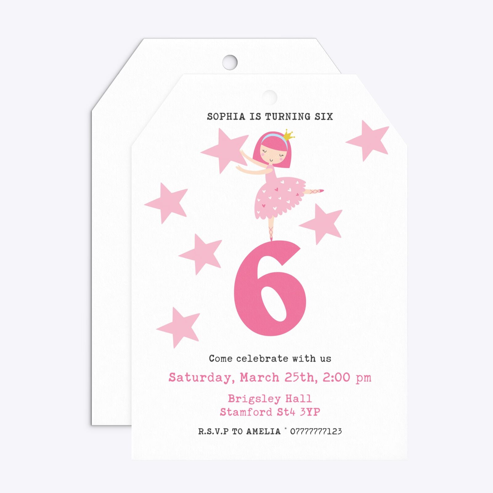 Pink Princess Personalised Birthday Tag Invitation Matte Paper Front and Back Image