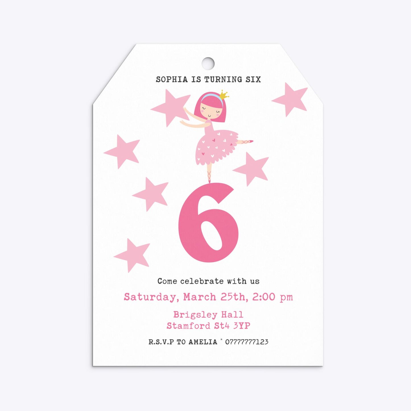 Pink Princess Personalised Birthday Tag Invitation Matte Paper