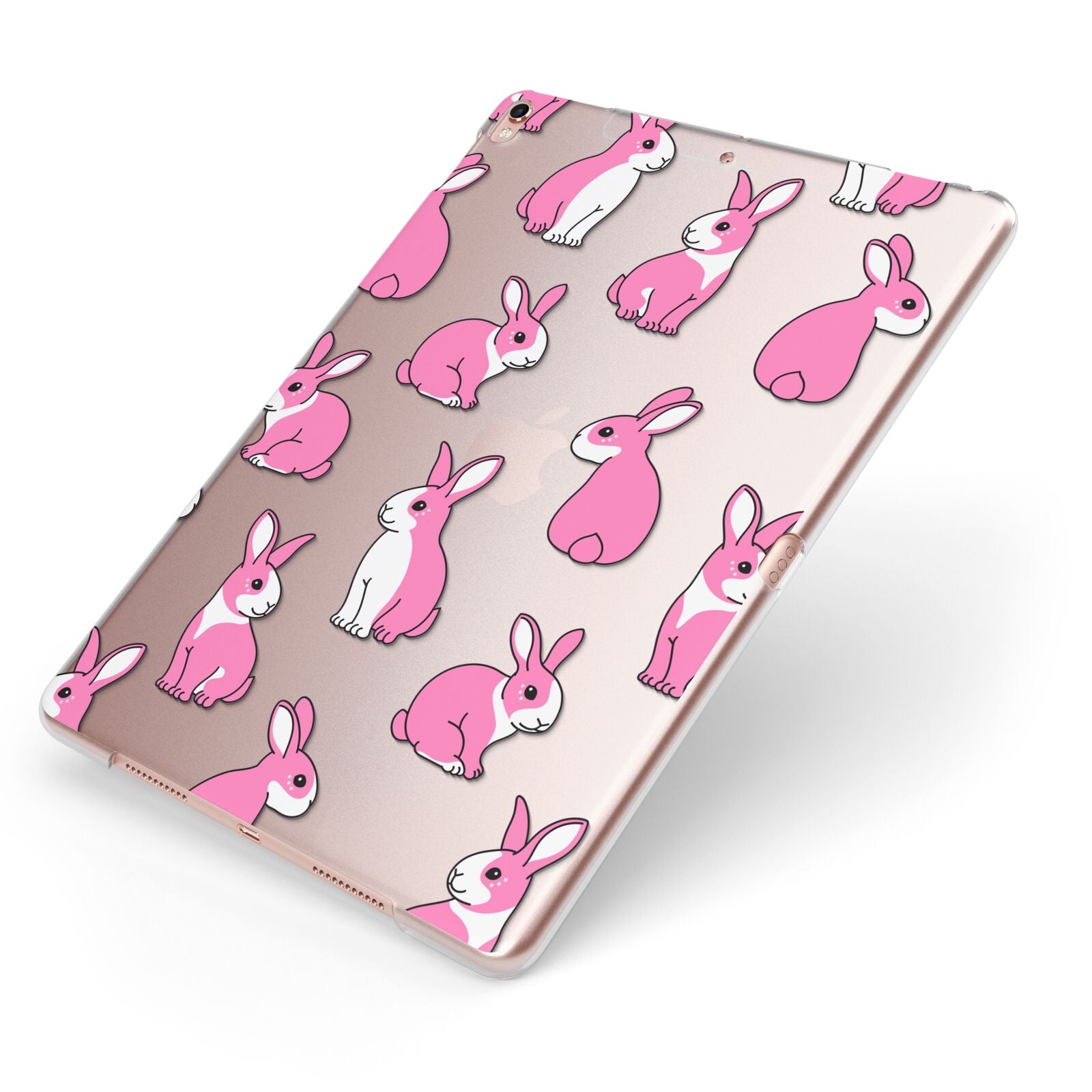 Pink Rabbits Apple iPad Case on Rose Gold iPad Side View