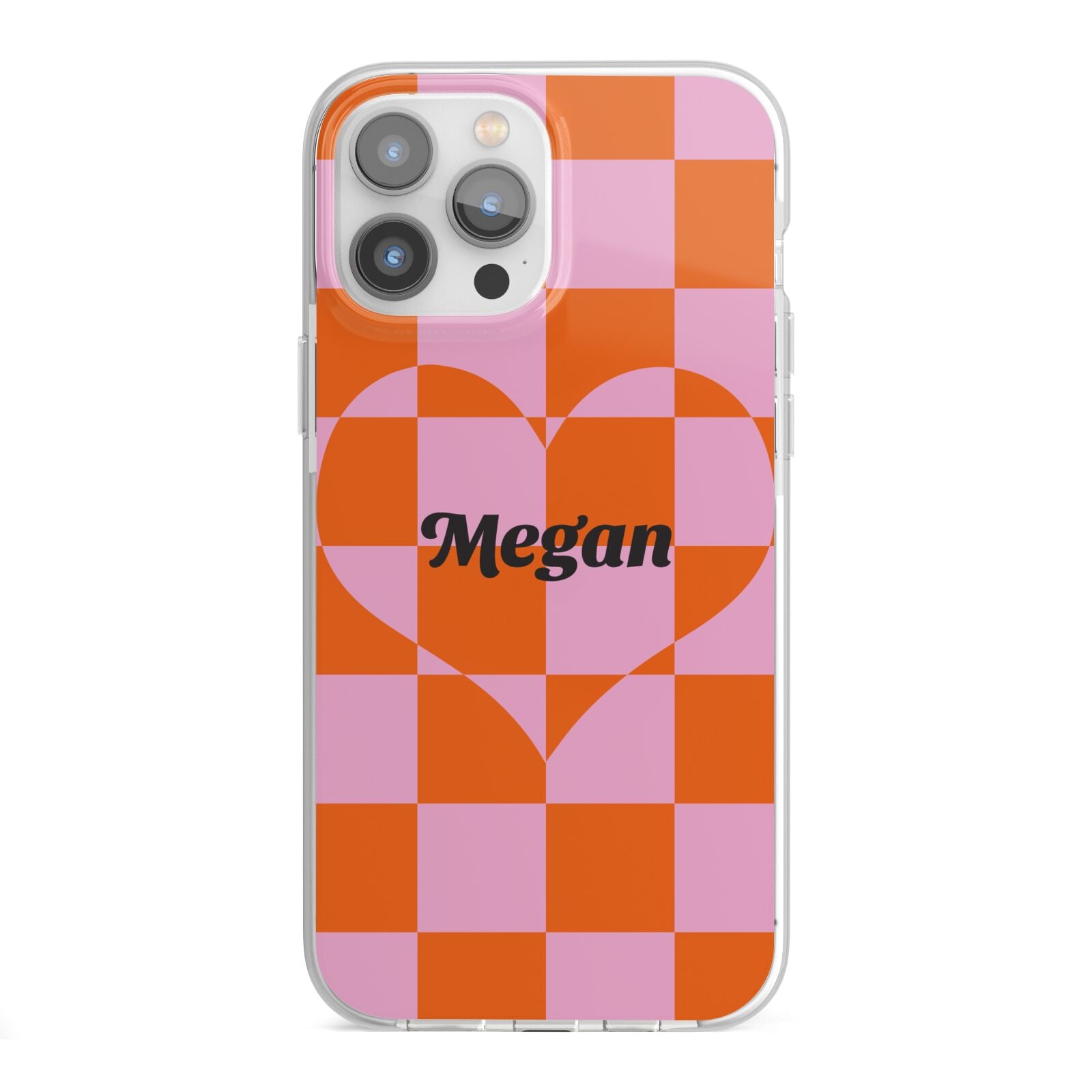 Pink Red Checkered Heart Custom iPhone 13 Pro Max TPU Impact Case with White Edges