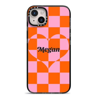 Pink Red Checkered Heart Custom iPhone 14 Plus Black Impact Case on Silver phone