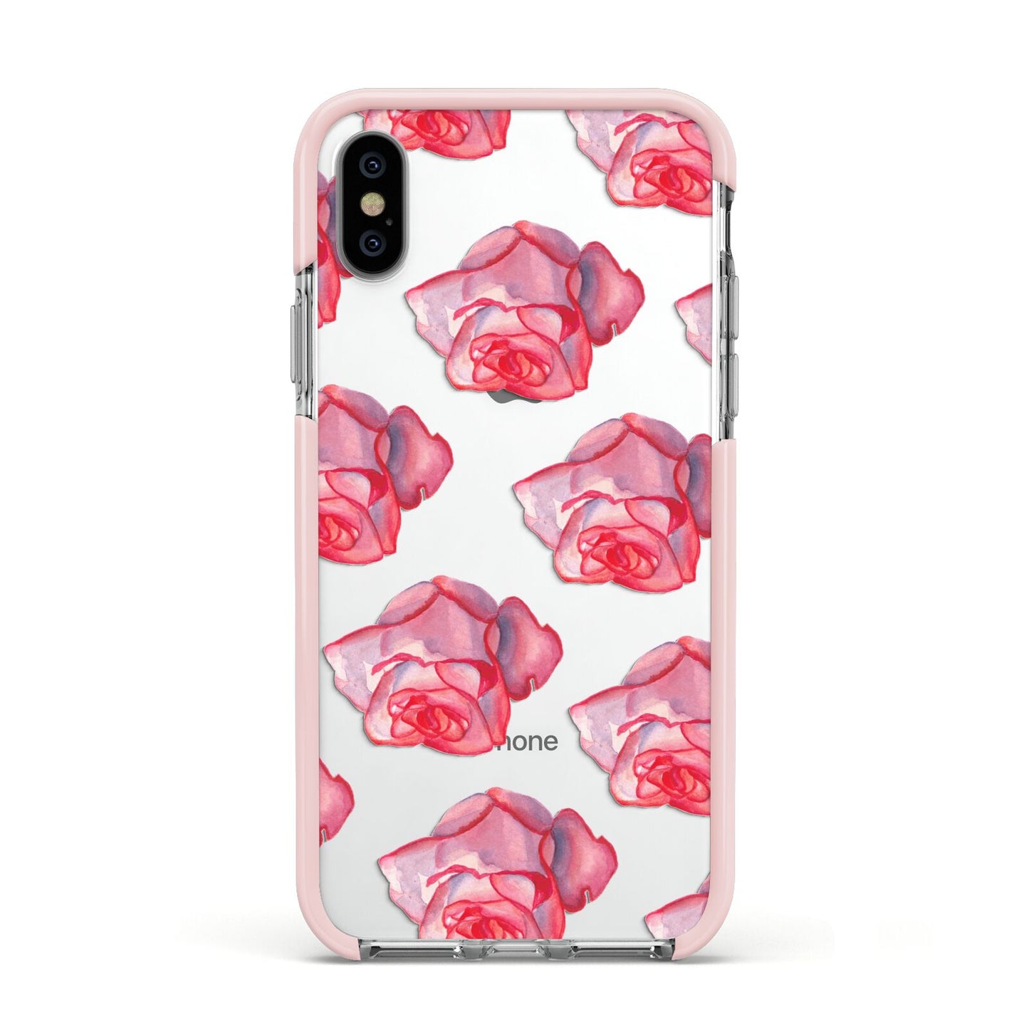 Pink Roses Apple iPhone Xs Impact Case Pink Edge on Silver Phone