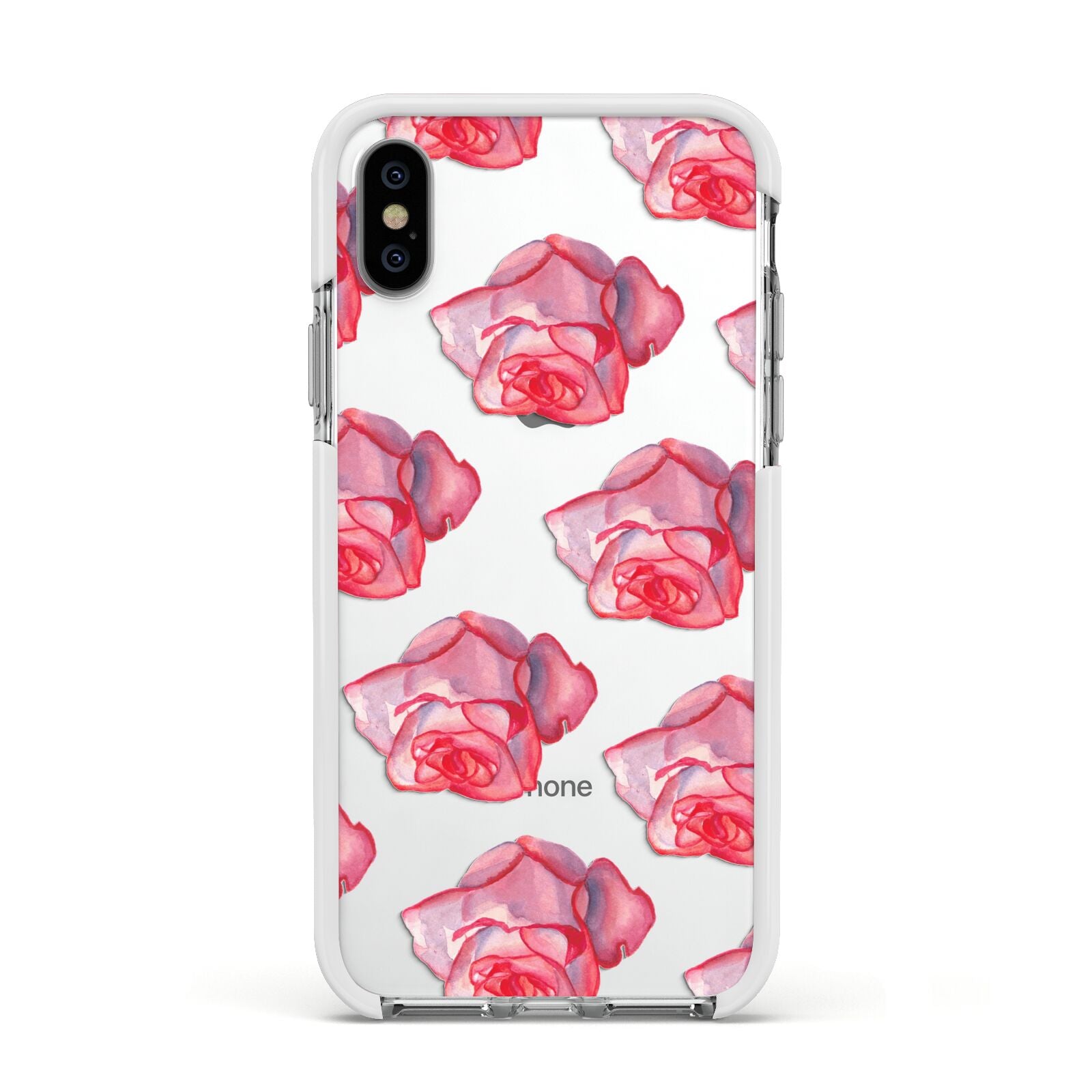 Pink Roses Apple iPhone Xs Impact Case White Edge on Silver Phone