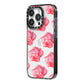Pink Roses iPhone 14 Pro Black Impact Case Side Angle on Silver phone