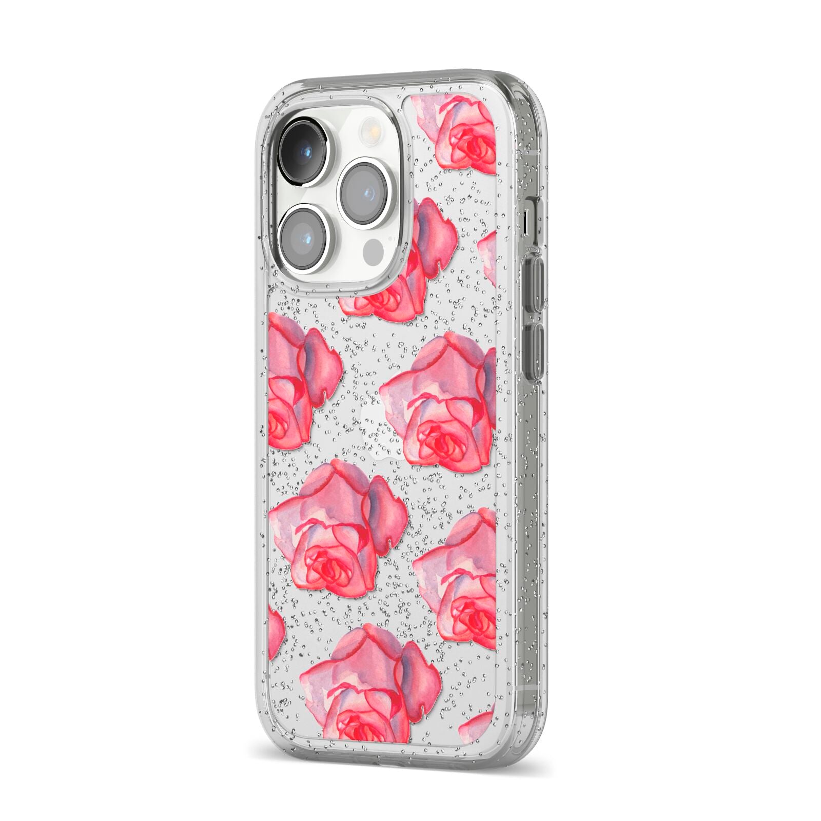 Pink Roses iPhone 14 Pro Glitter Tough Case Silver Angled Image