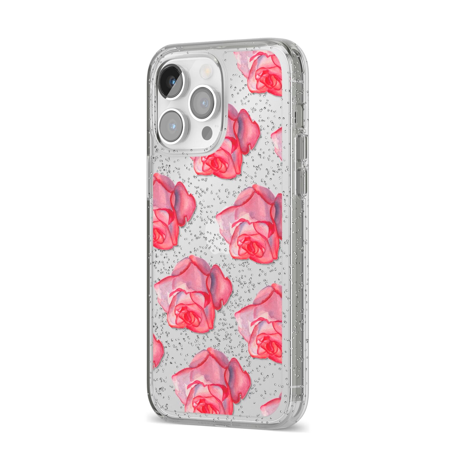 Pink Roses iPhone 14 Pro Max Glitter Tough Case Silver Angled Image
