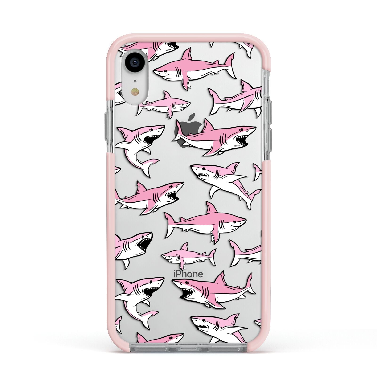 Pink Shark Apple iPhone XR Impact Case Pink Edge on Silver Phone