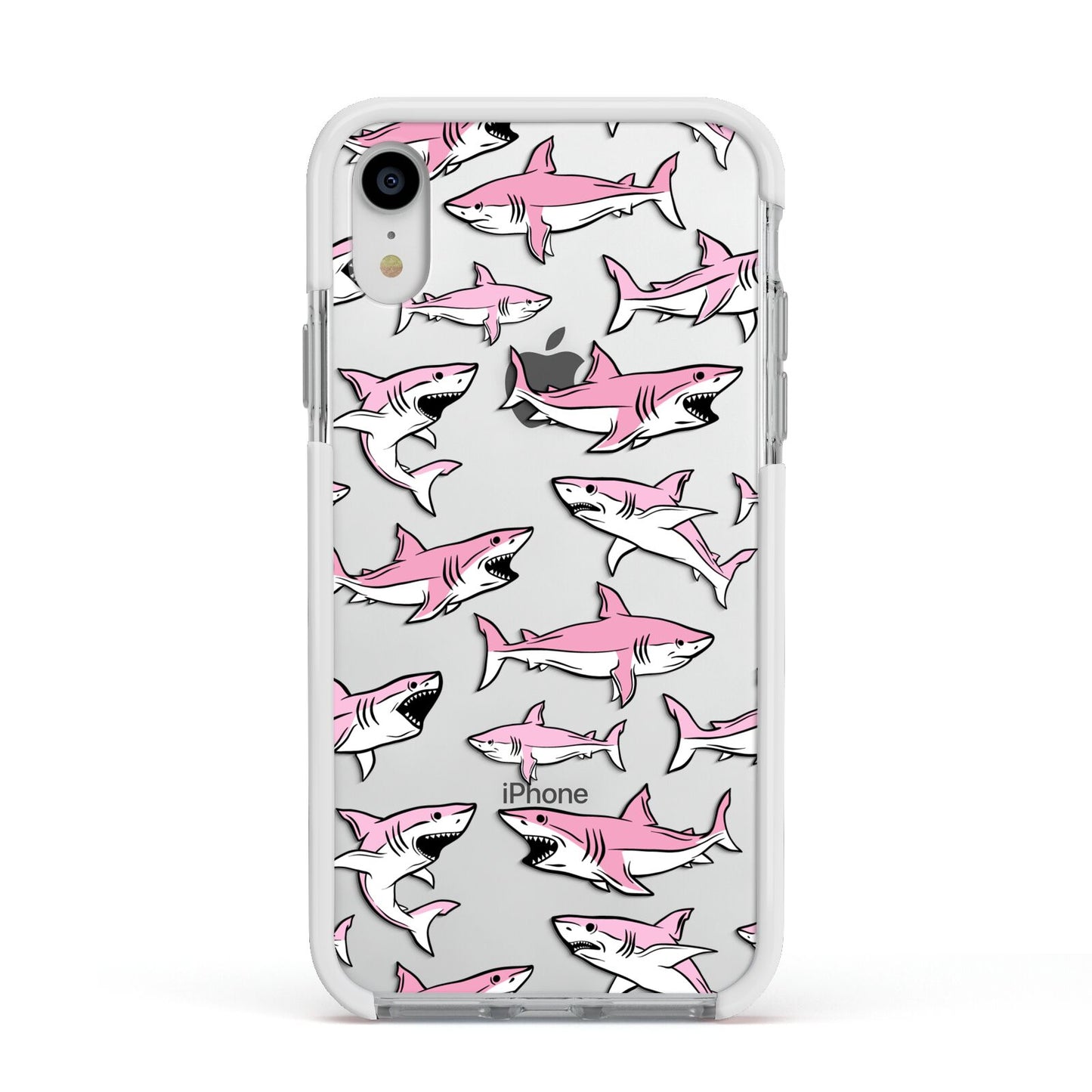 Pink Shark Apple iPhone XR Impact Case White Edge on Silver Phone