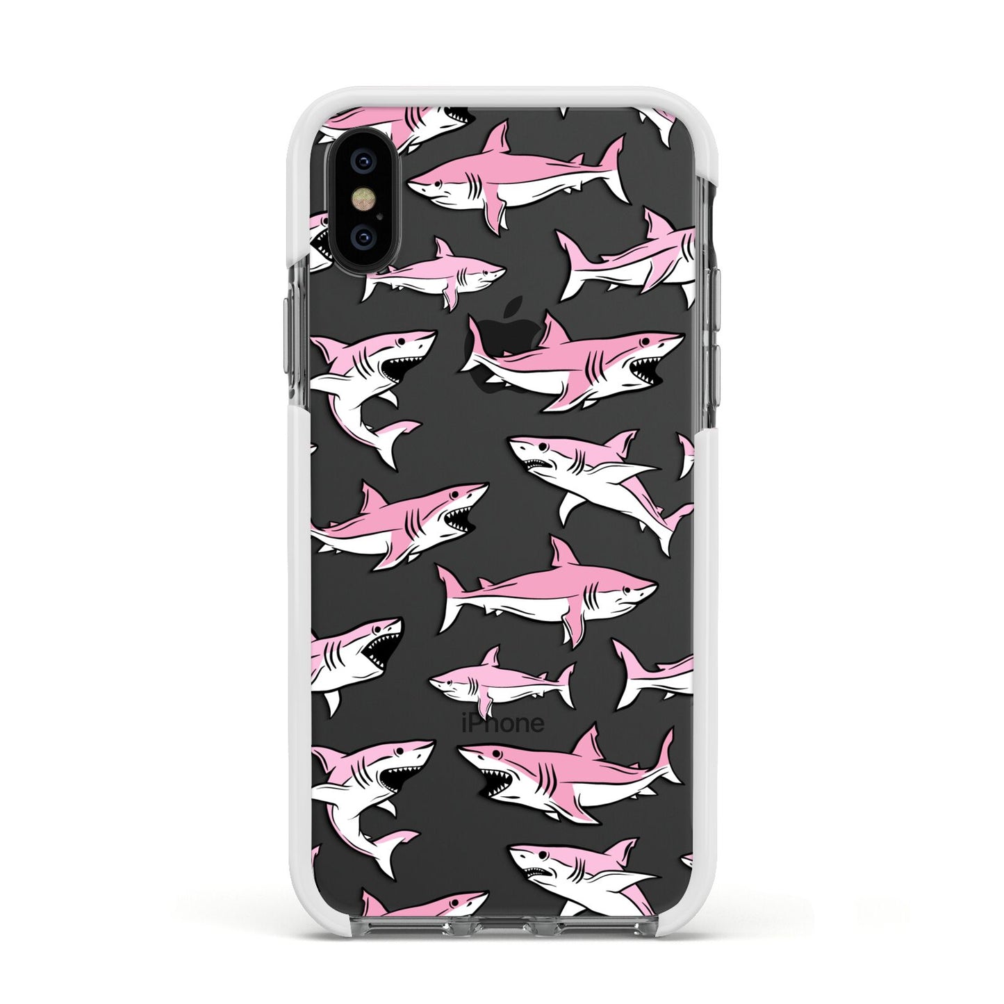 Pink Shark Apple iPhone Xs Impact Case White Edge on Black Phone