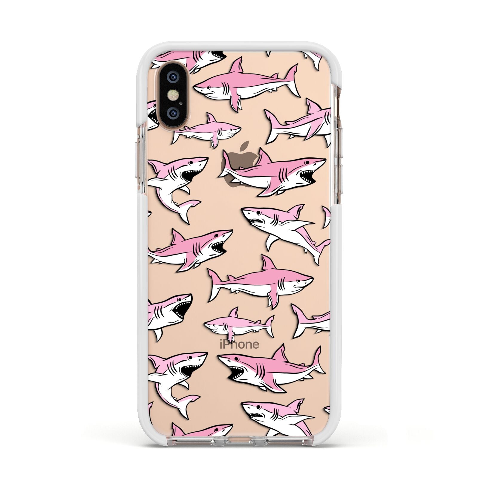Pink Shark Apple iPhone Xs Impact Case White Edge on Gold Phone