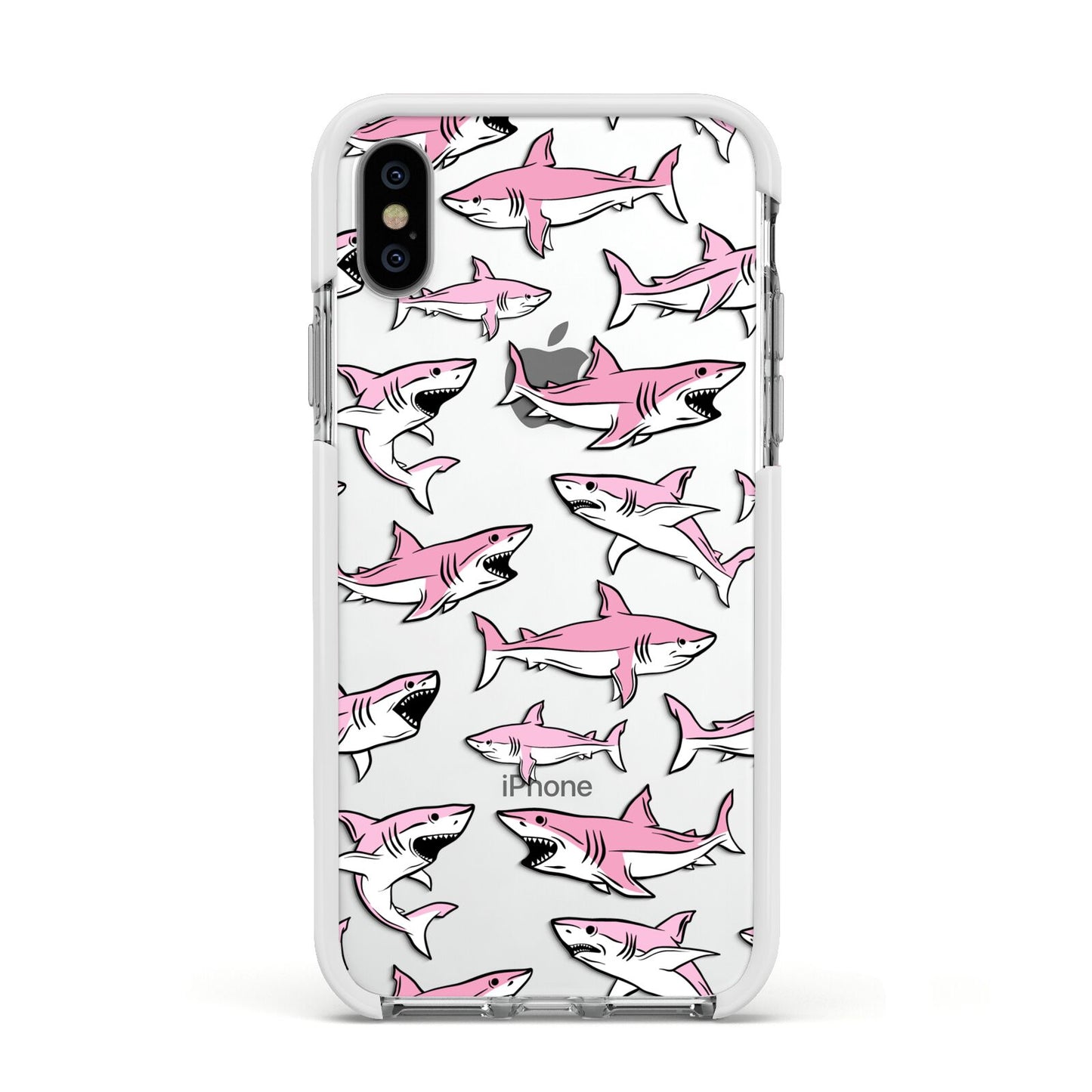Pink Shark Apple iPhone Xs Impact Case White Edge on Silver Phone
