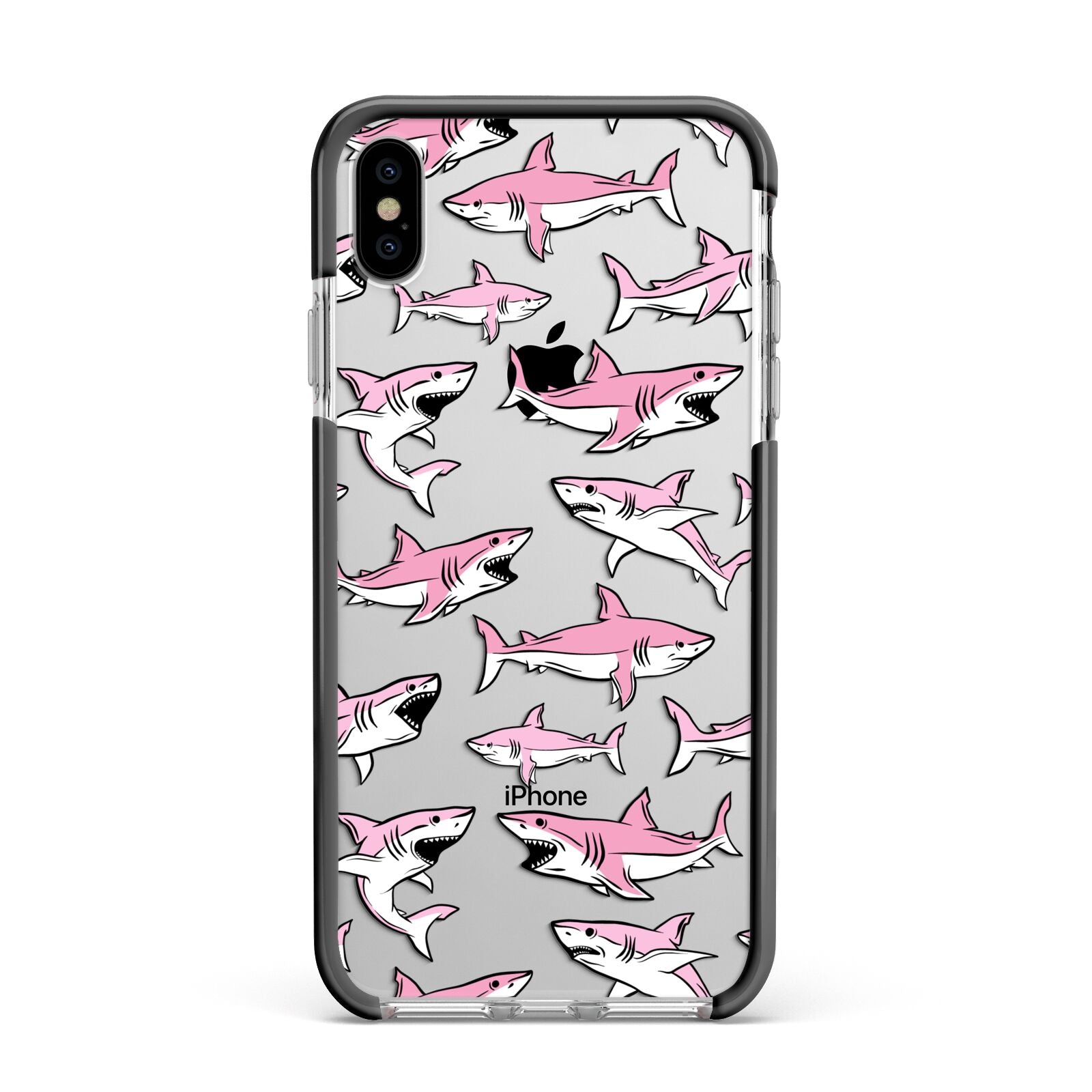 Pink Shark Apple iPhone Xs Max Impact Case Black Edge on Silver Phone