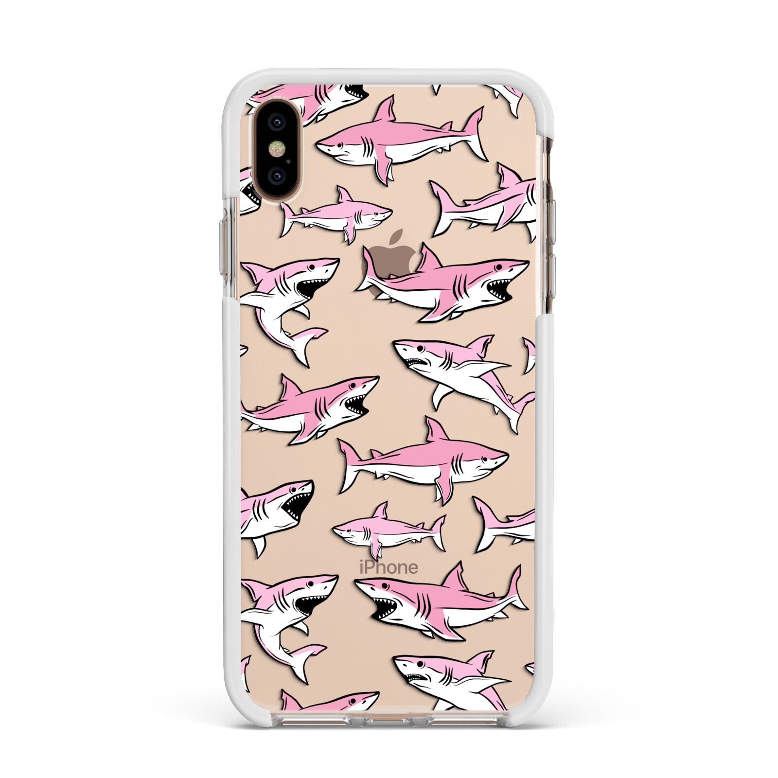 Pink Shark Apple iPhone Xs Max Impact Case White Edge on Gold Phone