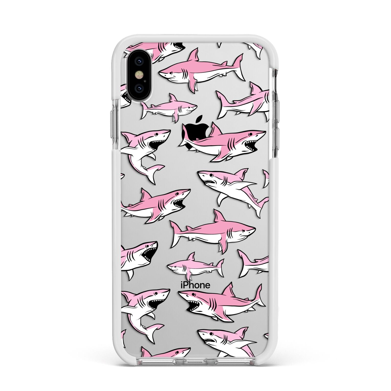 Pink Shark Apple iPhone Xs Max Impact Case White Edge on Silver Phone