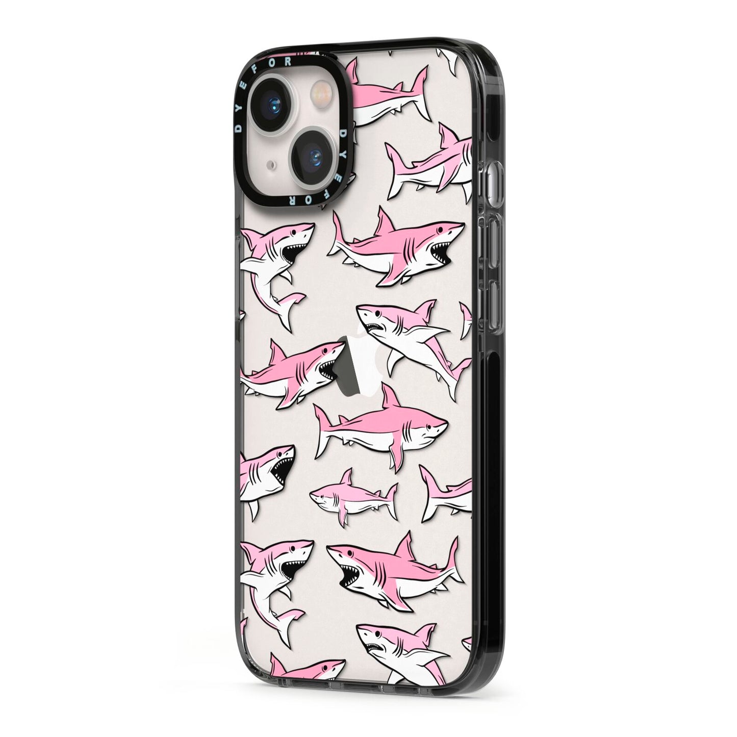 Pink Shark iPhone 13 Black Impact Case Side Angle on Silver phone
